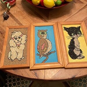 MID CENTURY PEBBLE GRAVEL ROCK ART DOG poodle  , Owl and a cat hand made 60s